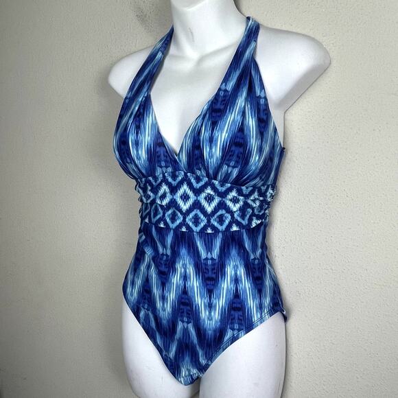 La Blanca Desert Mirage One Piece Swimsuit Size 6 –‎ Blue Batik Halter Geometric - Picture 5 of 11
